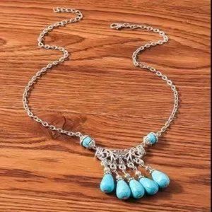 Natural Turquoise Boho Droplet Tassel Necklace 925 Silver Plated